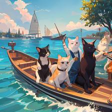 夏日海岸：猫狗漫步，水上乘风，山林清朗，美景绝佳。插画图片壁纸
