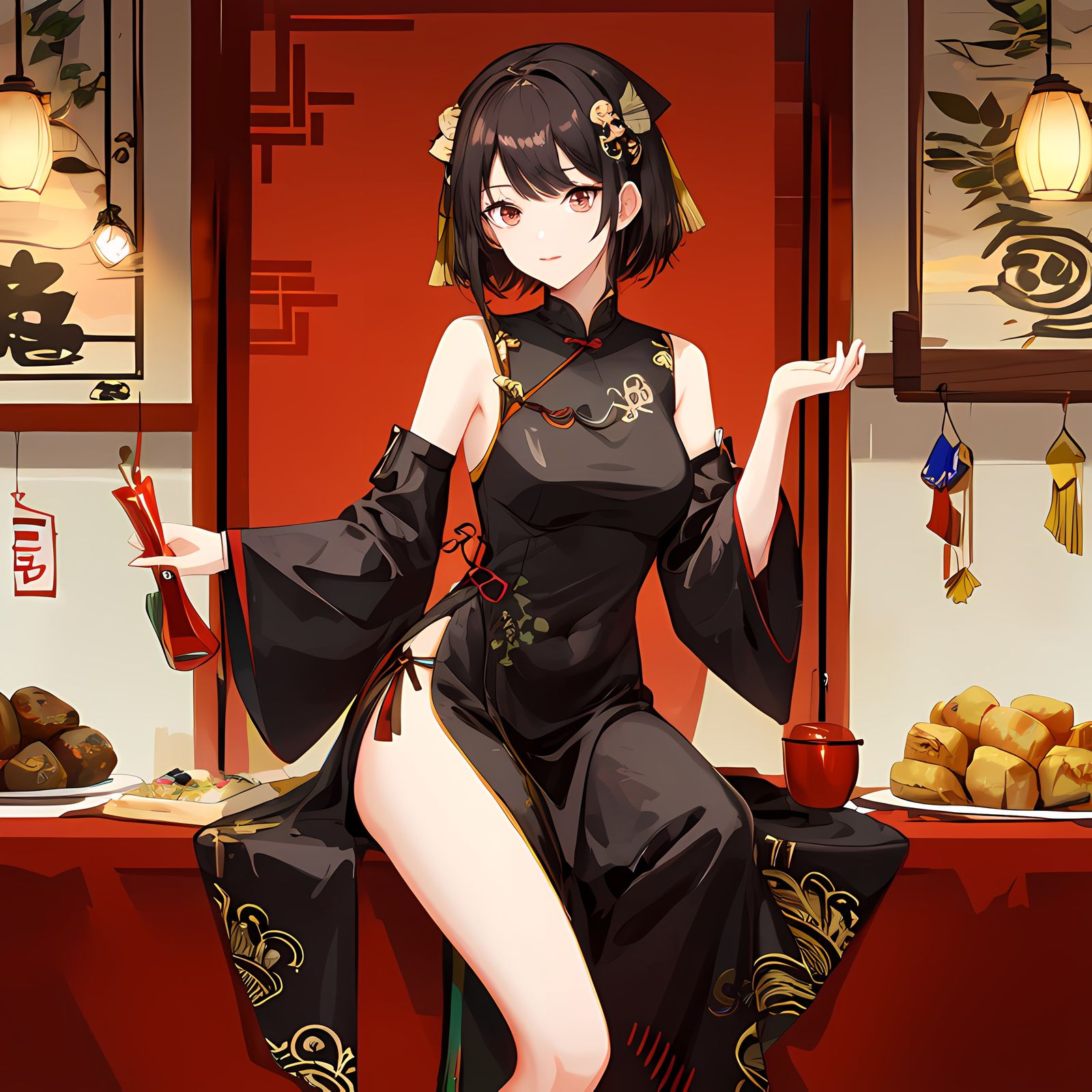 短发美少女，华服飘飘，静坐引人食欲，诗情画意。插画图片壁纸