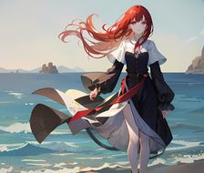 红发少女海边漫步