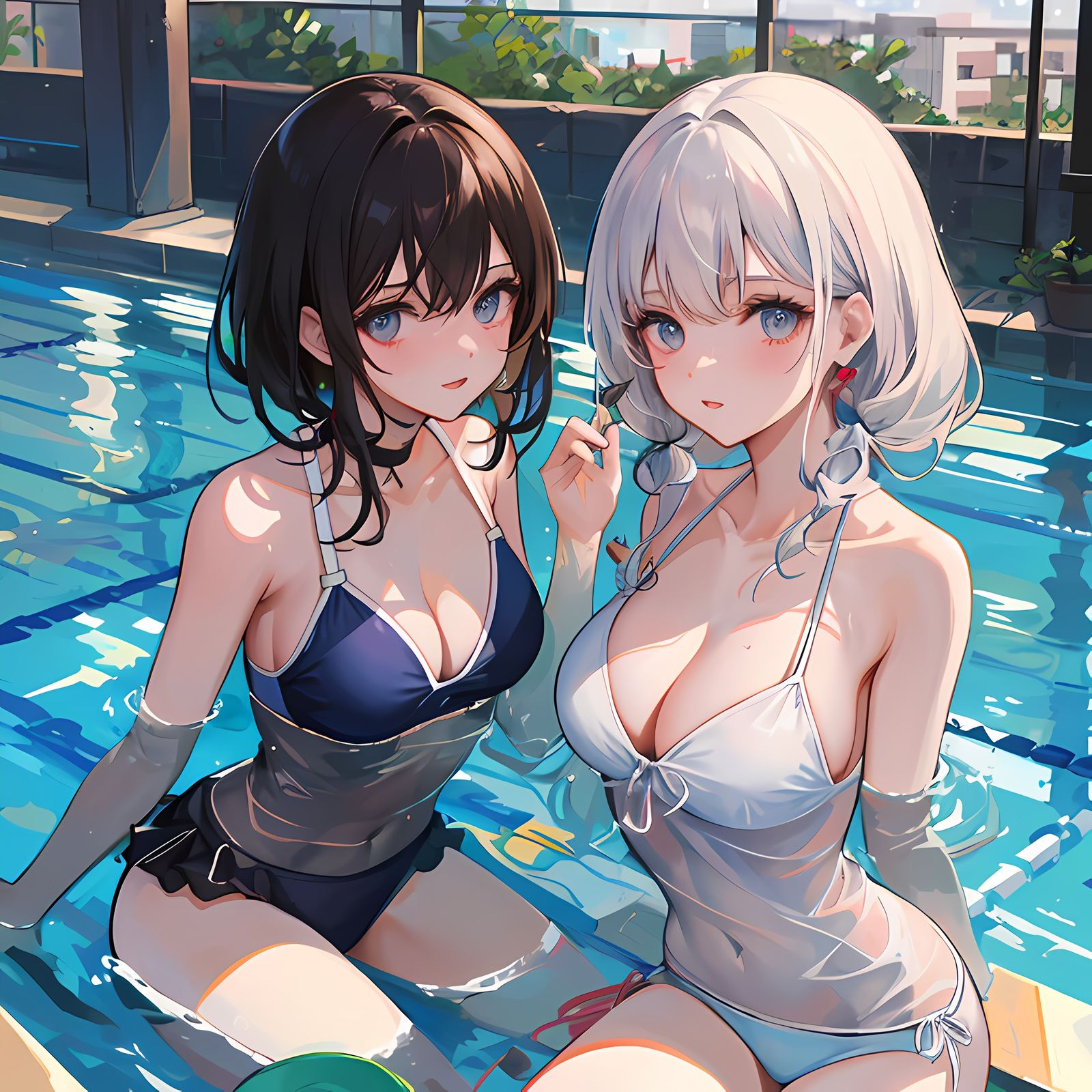 泳池里的二次元少女们插画图片壁纸