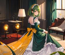 绿发少女独自站在室内，手握裙摆，转身回头目光注视着你，身后绿色植物和灯笼映照着黄色蝴蝶结。