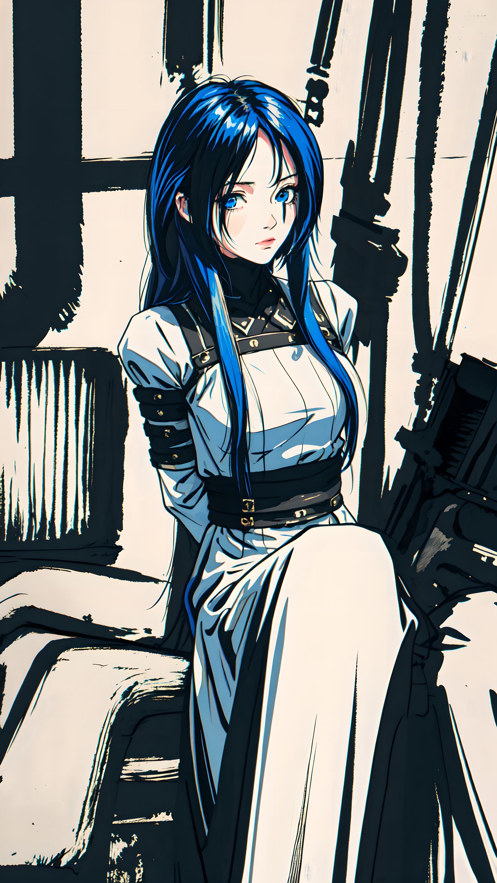 蓝发少女独坐长发裙装，对视蓝眸生动。插画图片壁纸