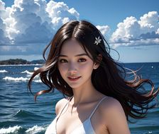 蓝天白云下，妹子扮演的魅力女孩单独来到海滩，穿着白色长裙，面对水面微笑着看向观众。