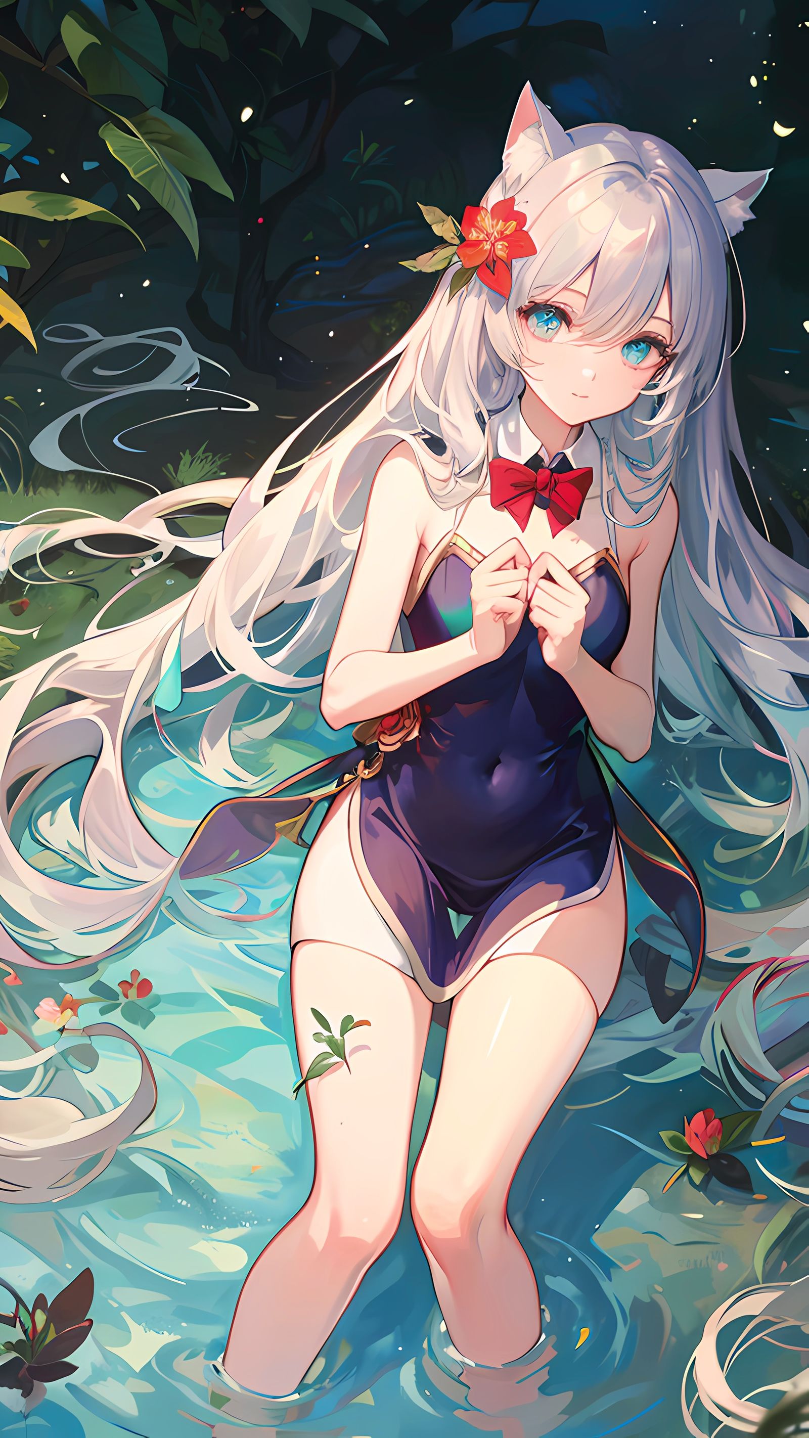 水中仙女华服红花，长发披肩莲叶伴君眸。插画图片壁纸