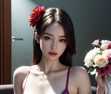 花间美女，绝美鲜花。