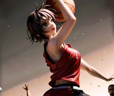 黑发短发美女篮球场上大呼“啊！”，短裤里露出肚脐和小巧胸部，握着篮球描绘色彩缤纷的二次元世界