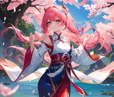 樱花飘落的美少女在池边微笑
