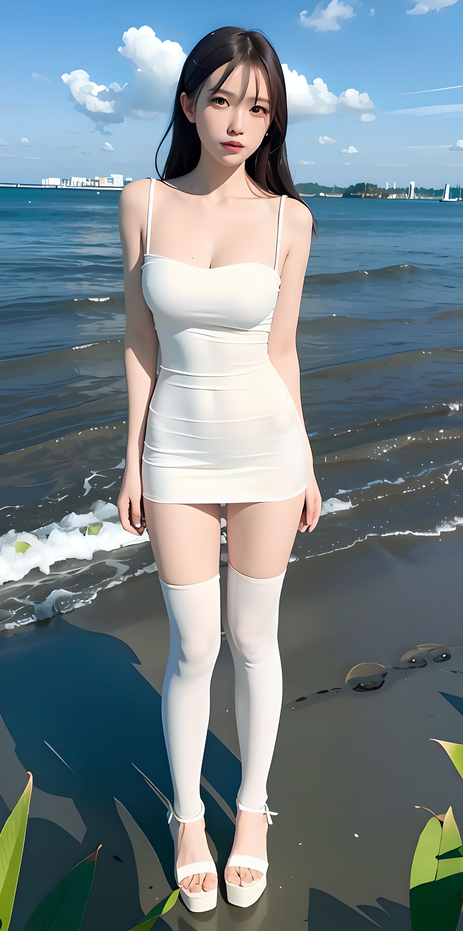 海边少女下午散步插画图片壁纸