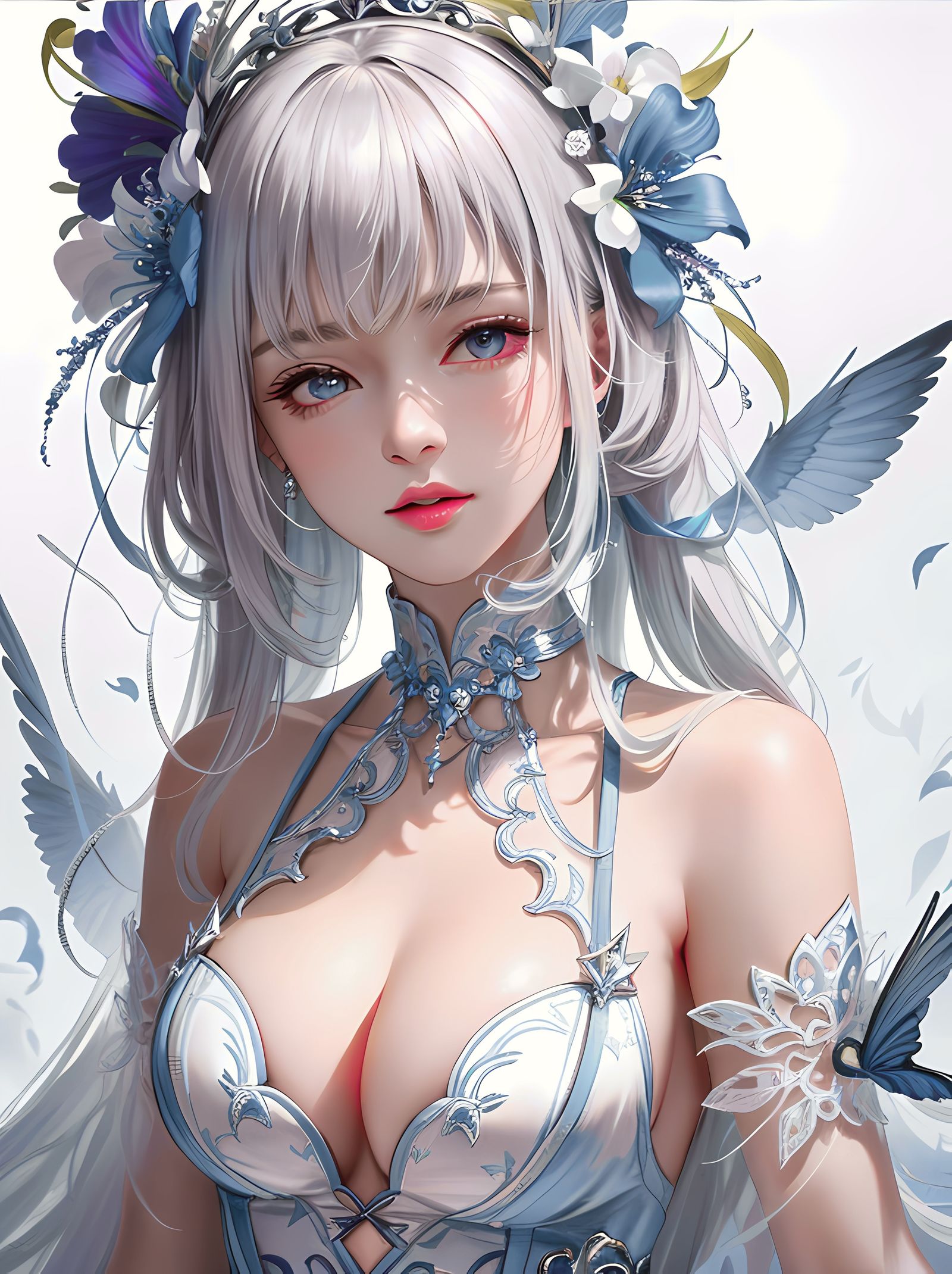 蓝色天使，羽毛翅膀，梦幻背景，独舞姑娘。
