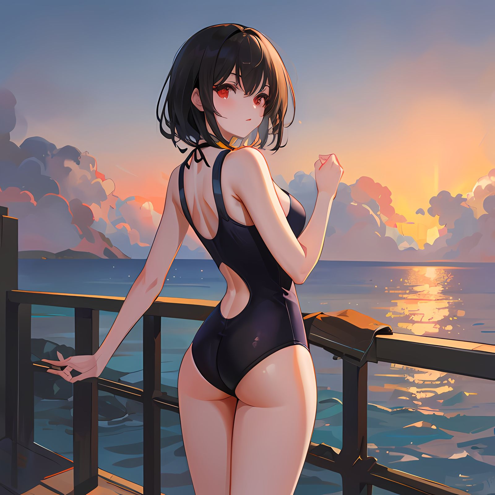 少女，海边，等待插画图片壁纸