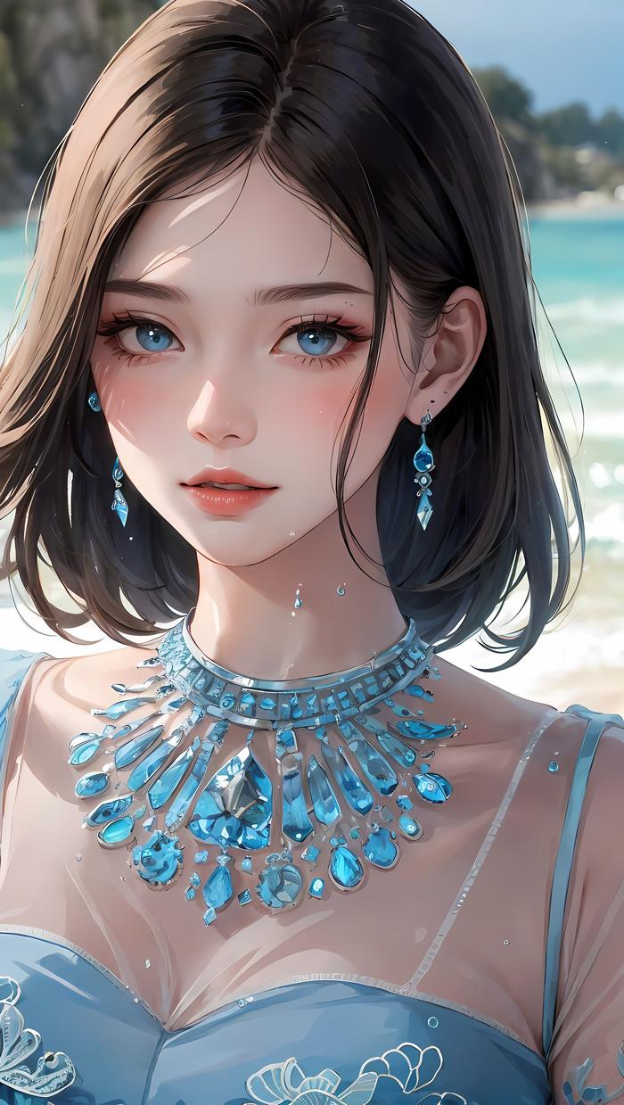 沙滩上的一只鹭，插满了珠宝，蓝眼黑发美少女盯着你看插画图片壁纸