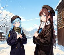 冬日蓝色风景-日系薄涂多个女孩