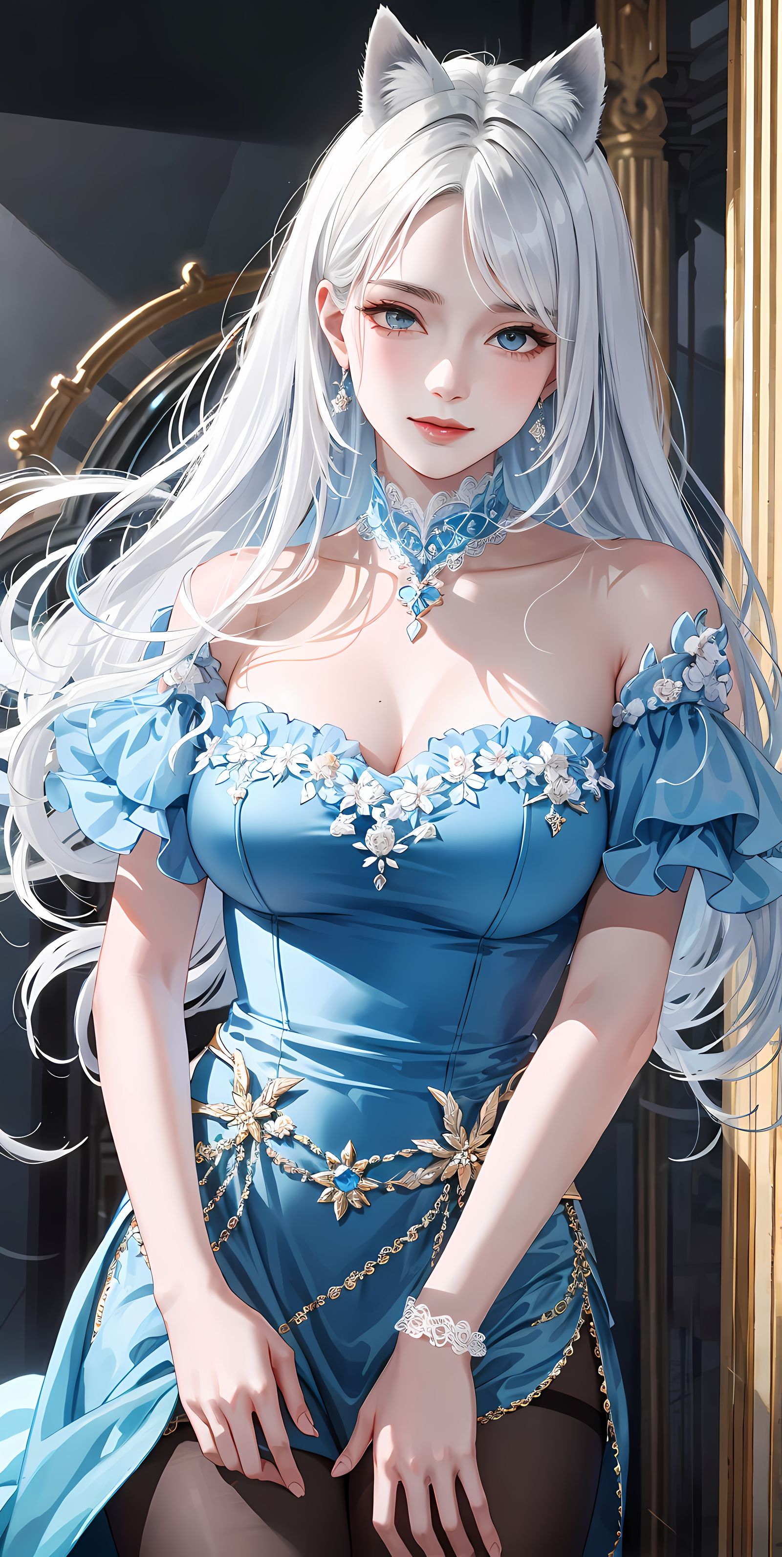 一瞥惊艳！二次元美女亮相，时光停滞，迷醉于她的眼神和蓝色长裙。插画图片壁纸