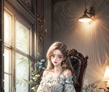 蓝眼睛长发美女坐在椅子上看着你，身穿白裙配饰，身边有花盆和窗户。