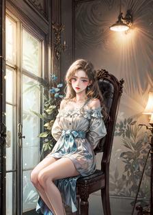 蓝眼睛长发美女坐在椅子上看着你，身穿白裙配饰，身边有花盆和窗户。插画图片壁纸