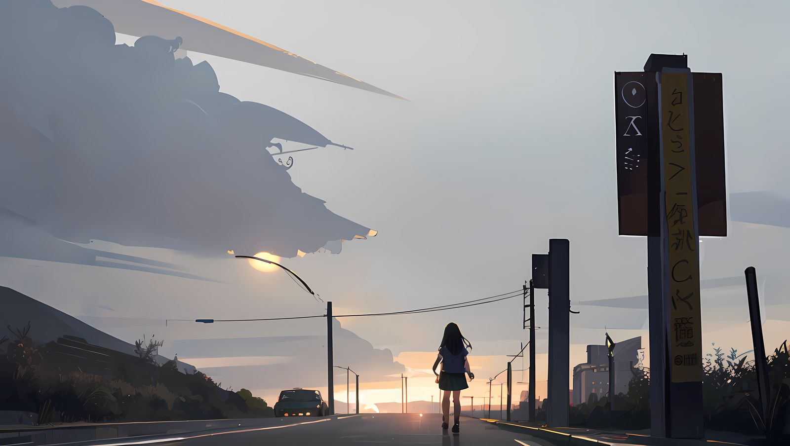 日落下，孤独的女孩站在电线杆旁眺望远方插画图片壁纸