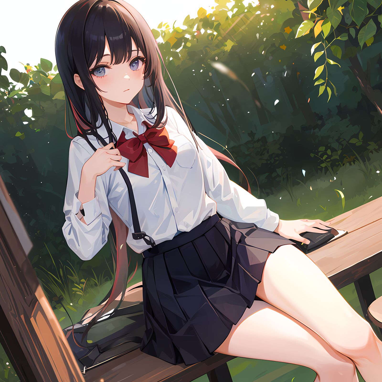 姑娘在公园里坐在长椅上，红色蝴蝶结巧妙地点缀着长发，身穿着白衬衫、黑裙子和红色领结，背景是树木、灌木、竹林和植物。

二次元插画名：公园的甜心姑娘