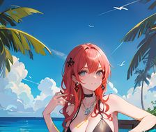 夏日霓裳少女在海滩上仰望蓝天，红发飘逸、坐在躺椅上，美丽勾人眼球。