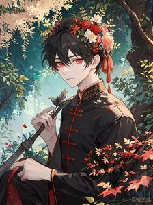 红叶如舞，少年寻花徘徊。插画图片壁纸