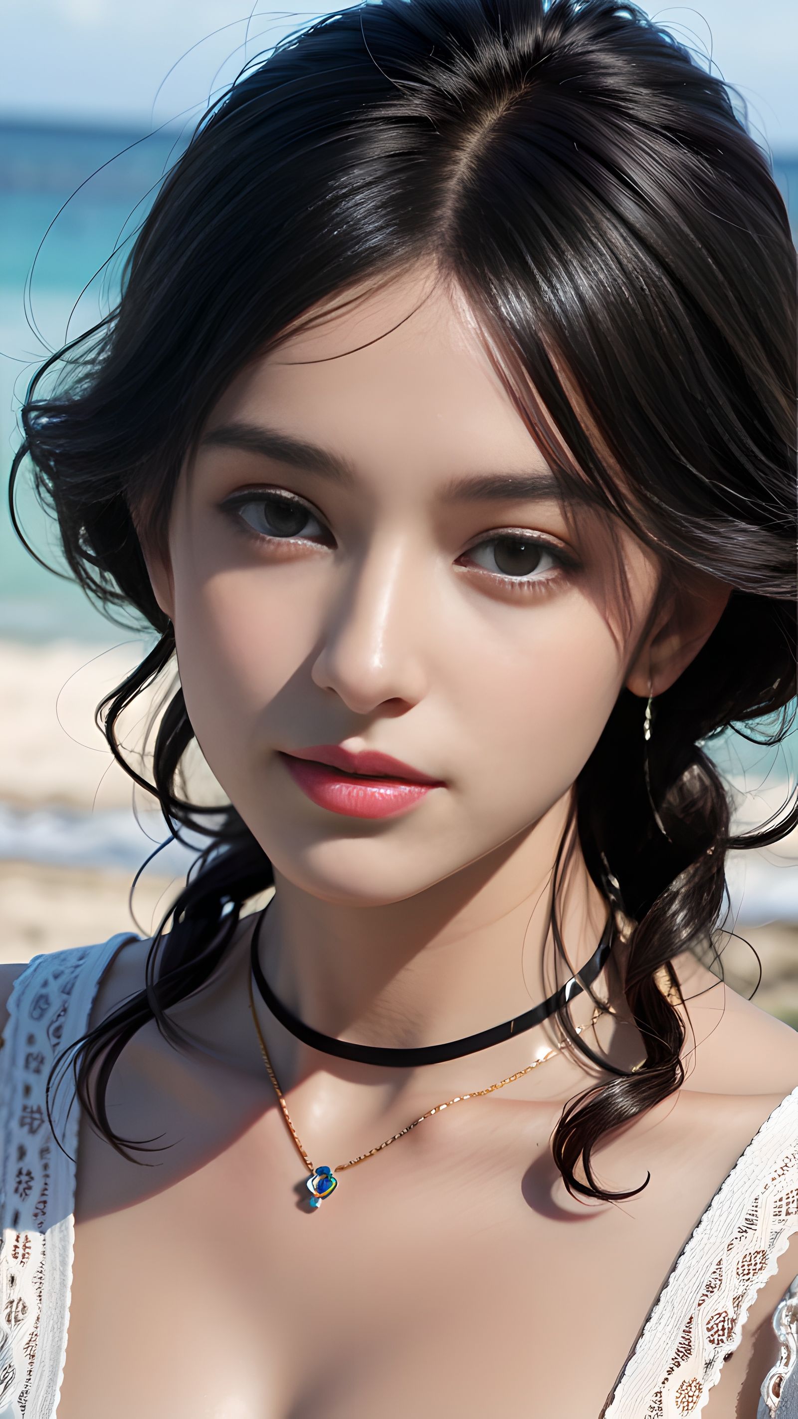 「海滩奇遇：神秘少女与黑发项链」插画图片壁纸