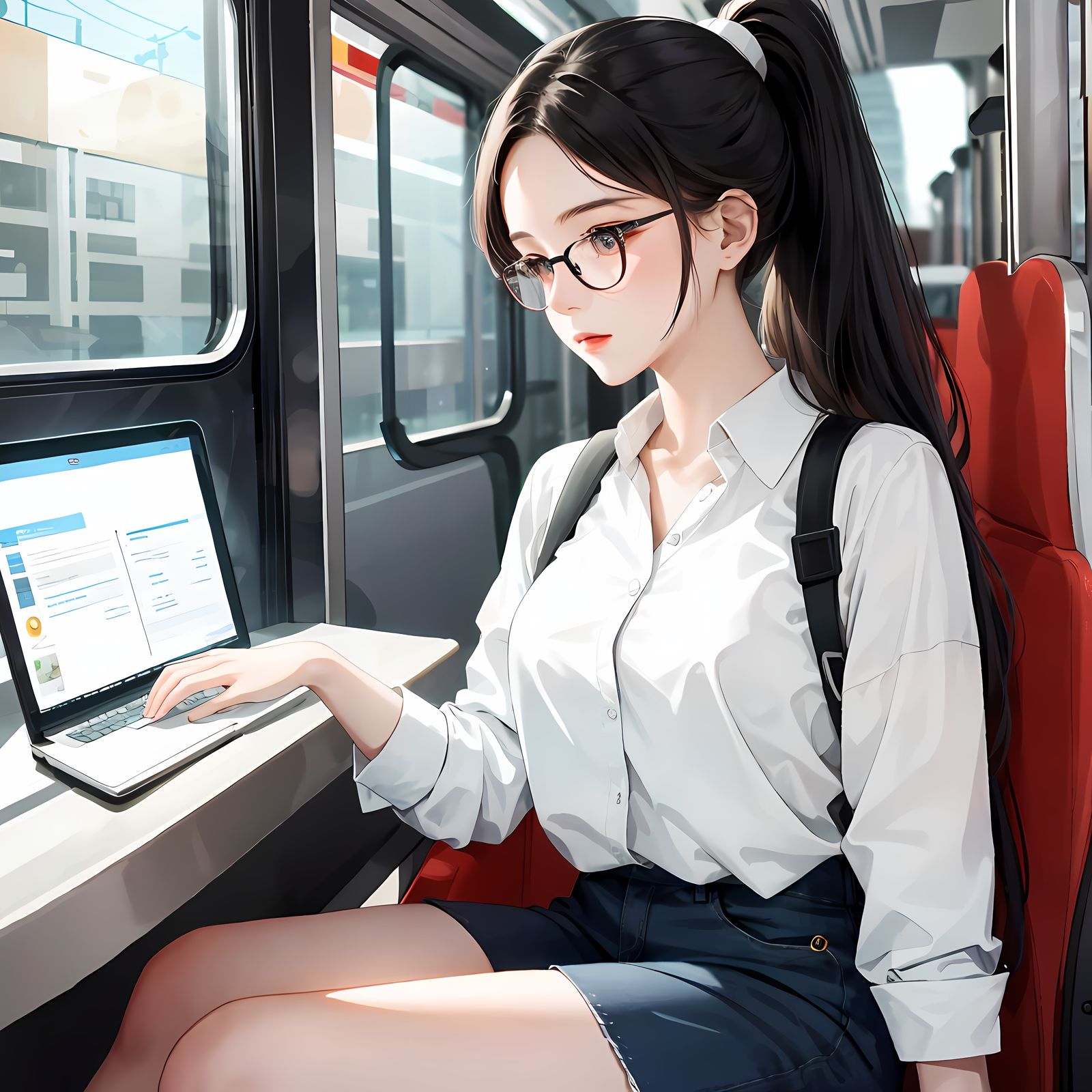 二次元少女乘着火车操控平板电脑，她眼镜齐刘海，长发飘逸，身边还有手机和笔记本电脑。