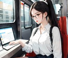 二次元少女乘着火车操控平板电脑，她眼镜齐刘海，长发飘逸，身边还有手机和笔记本电脑。