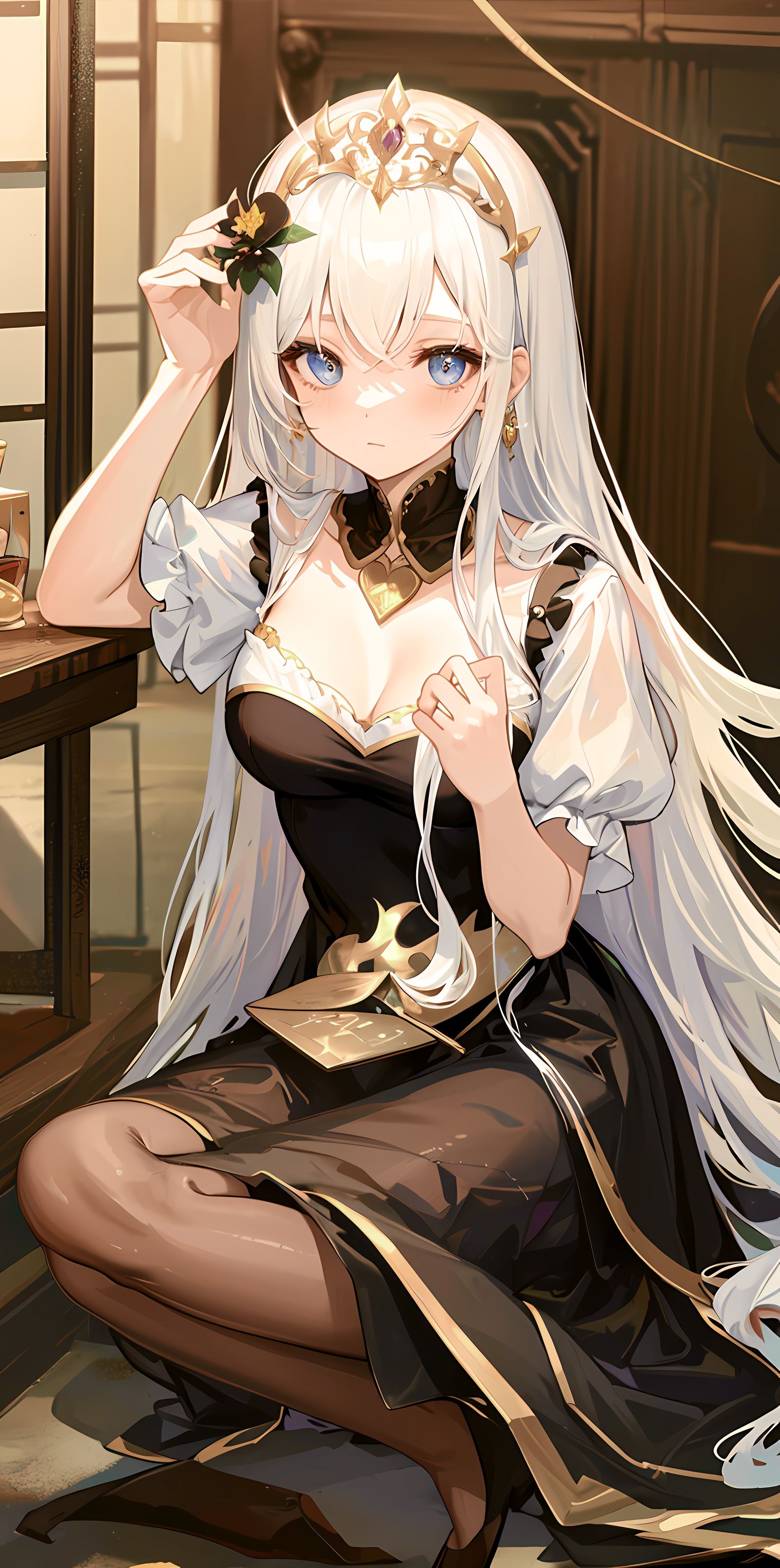蓝瞳美少女，长发飘逸，胸珠悠然。插画图片壁纸