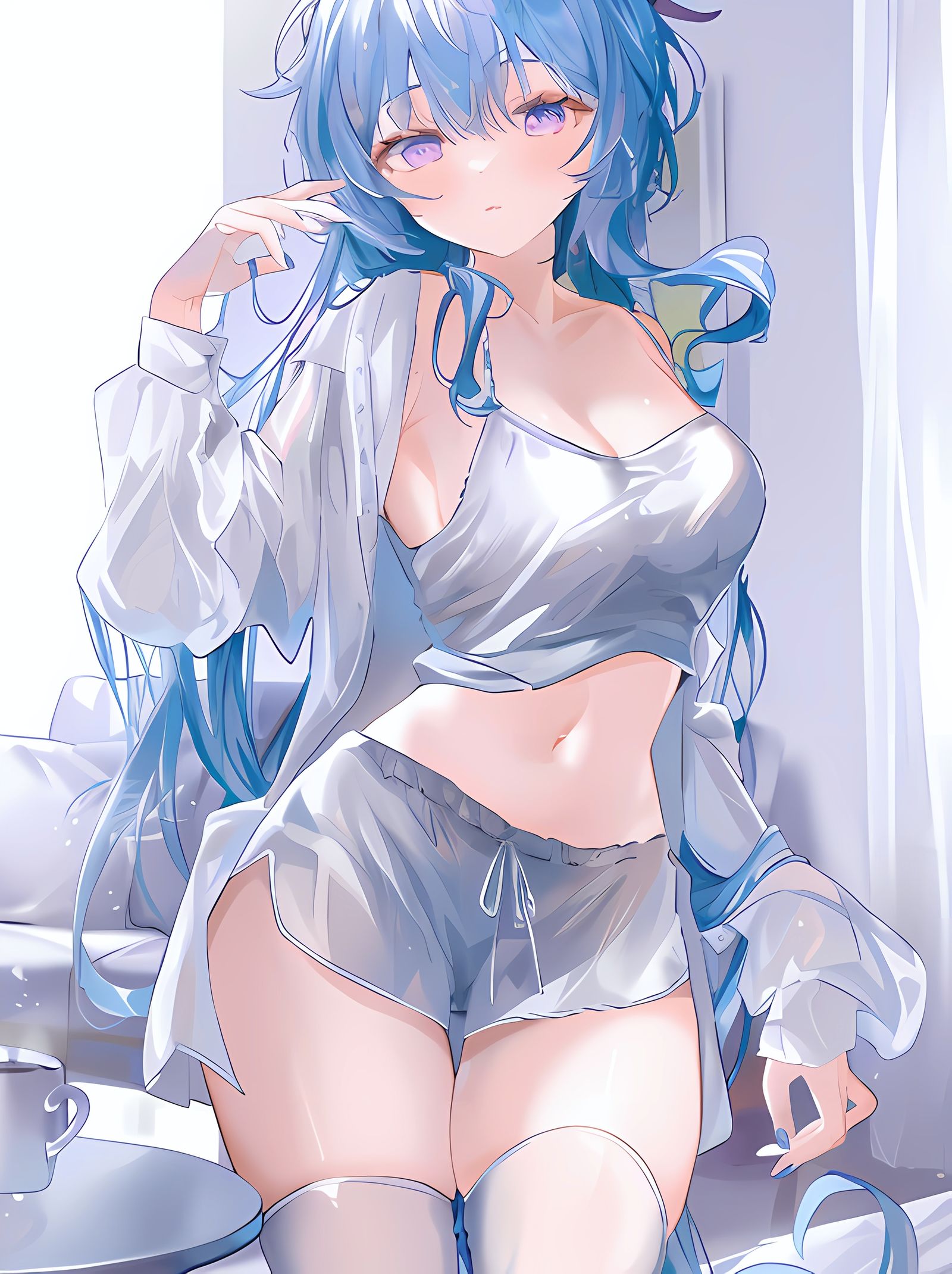 青丝湿身 蓝眸红衣 妍魅挑逗插画图片壁纸