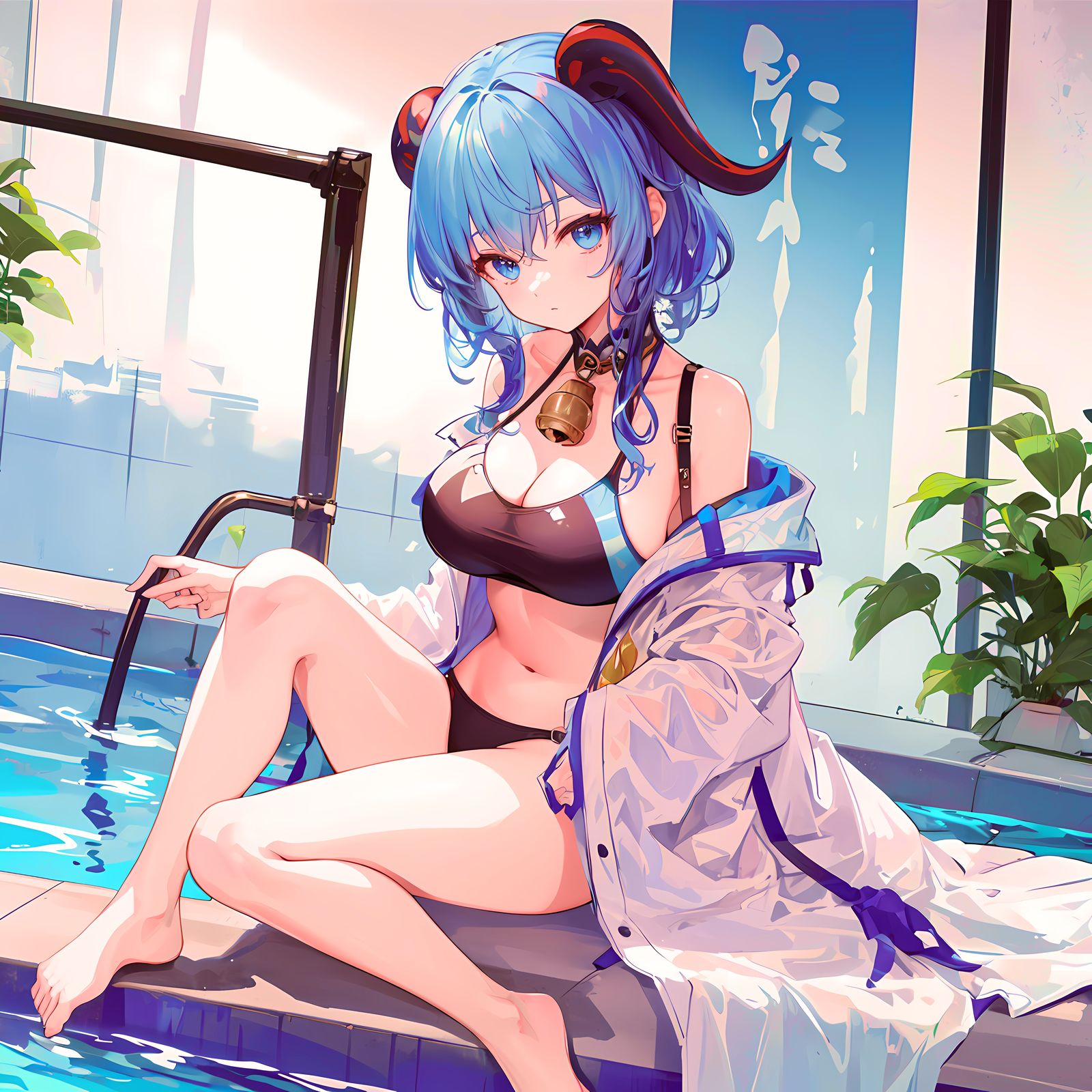 游泳馆的甘雨插画图片壁纸