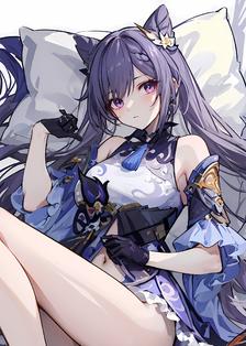 紫发萌妹躺枕头，握剑款和服懒卧床。头像同人高清图