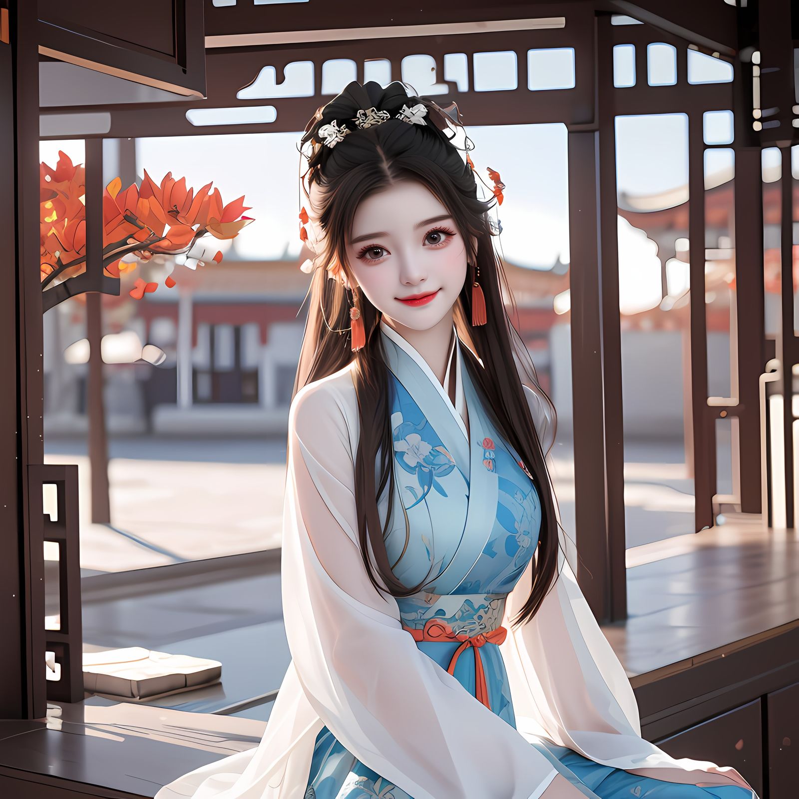 美丽的少女,一张圆圆的鹅蛋脸,白皙的皮肤,一头汉式长发,穿着一身汉服