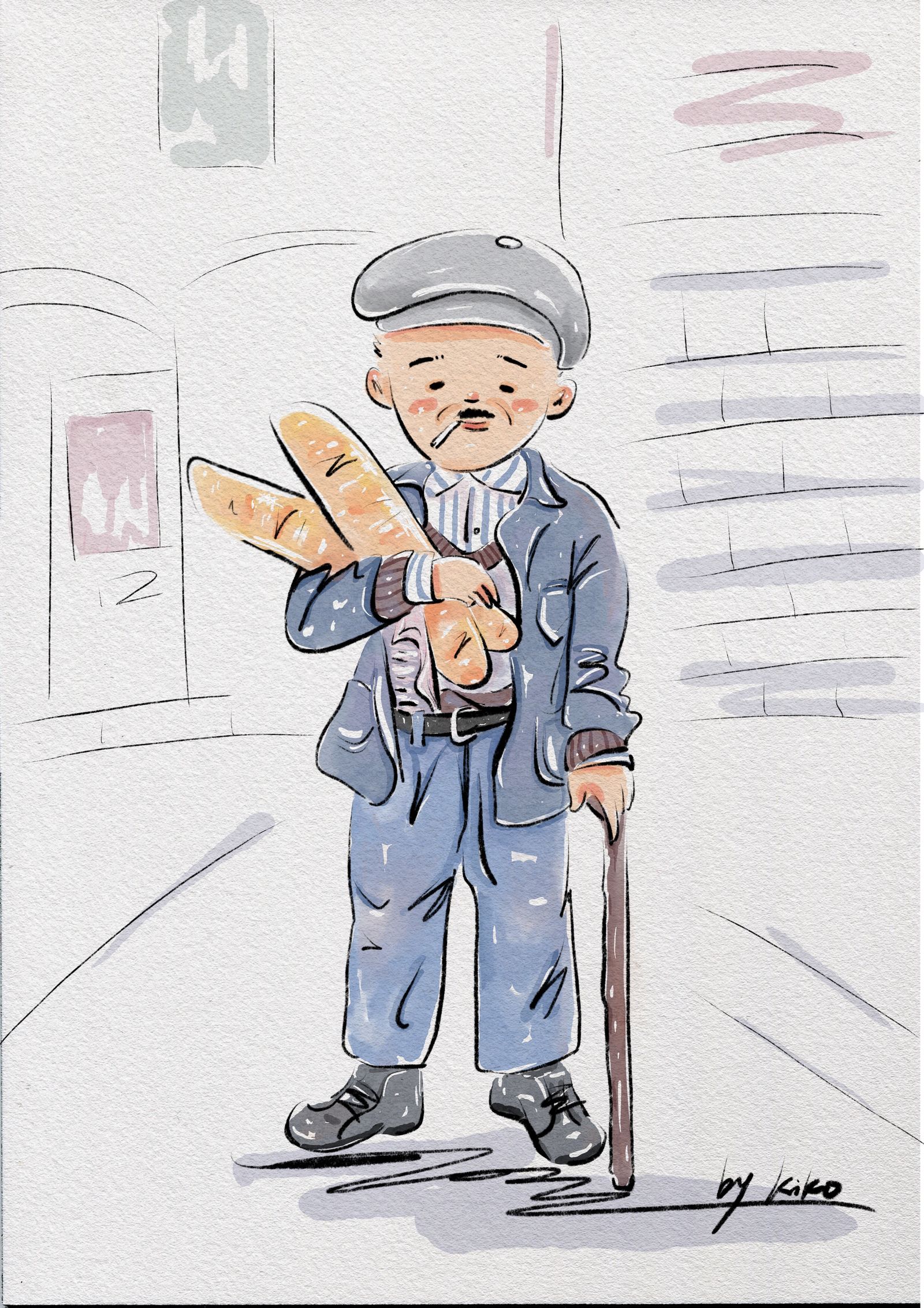 买面包的老人插画图片壁纸