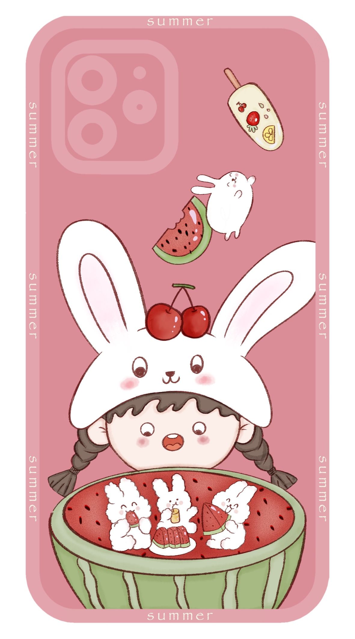 看兔兔吃西瓜的小女孩手机壳设计插画图片壁纸