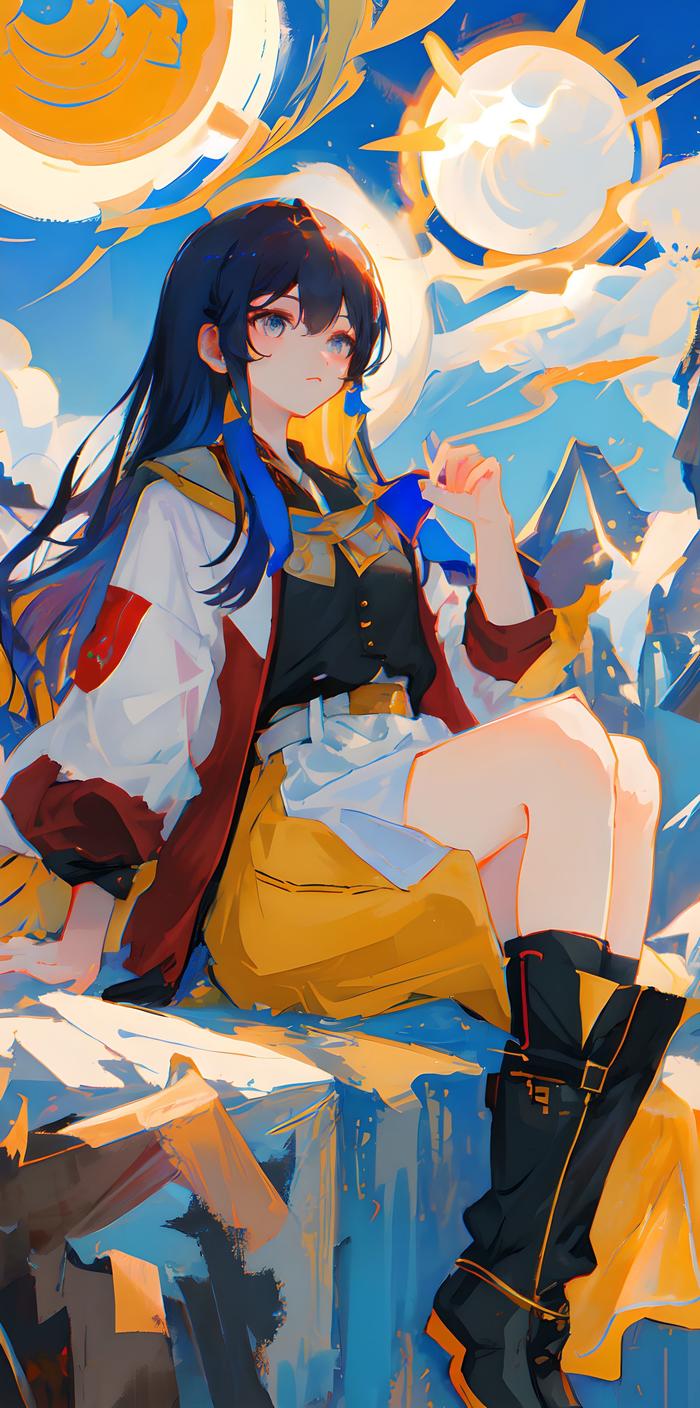 奇装异服美少女。太阳插画图片壁纸