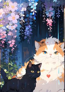 猫和紫藤花插画图片壁纸