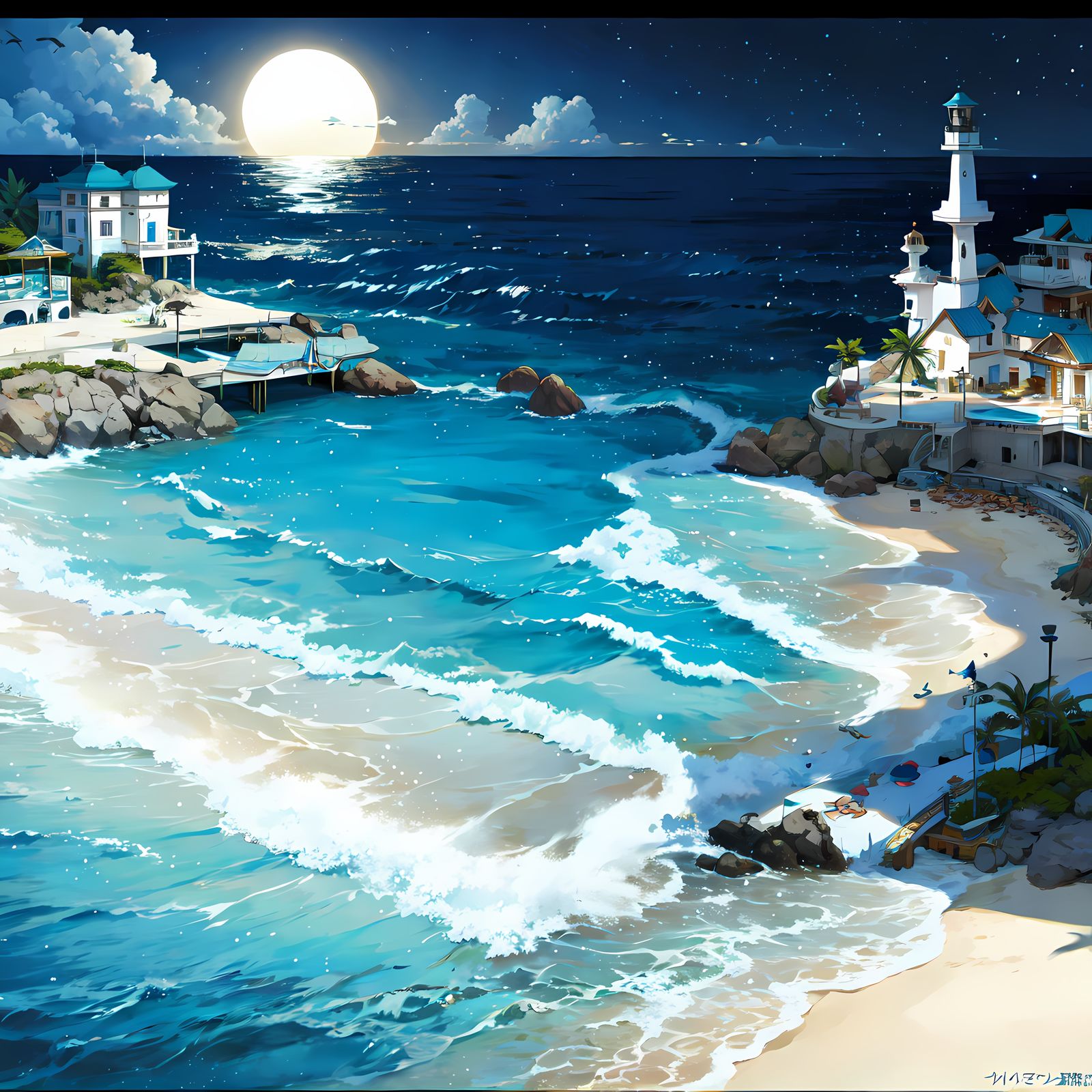 盛夏夜晚的海边小镇插画图片壁纸