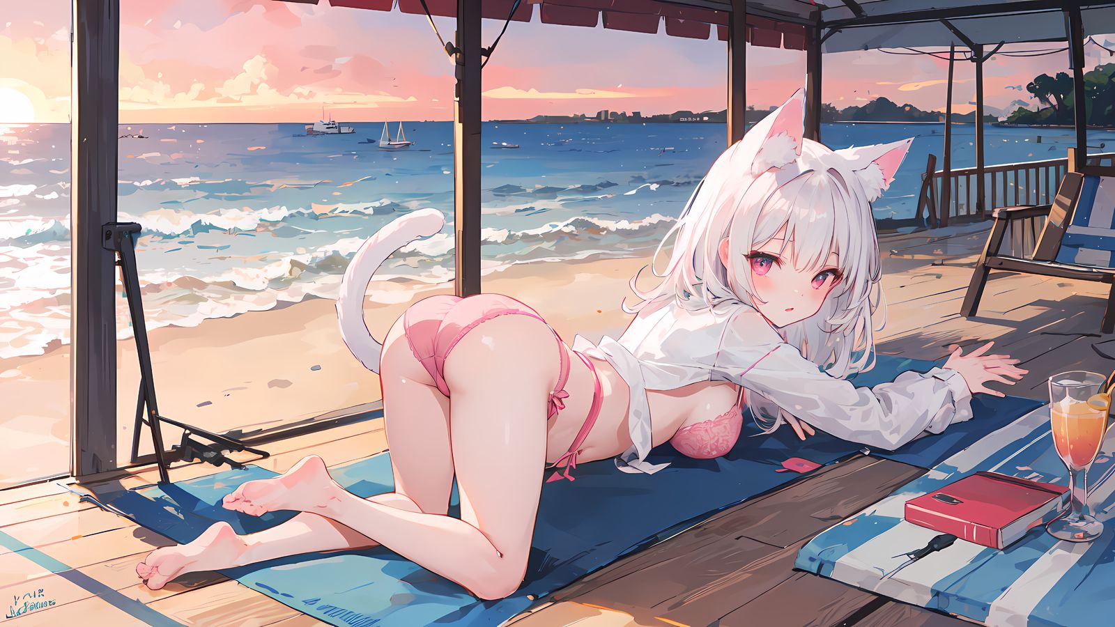 沙滩猫娘插画图片壁纸