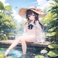女孩带着草帽漂躺在海水里，西瓜背景，冰块，蝴蝶，半透明的服装插画图片壁纸