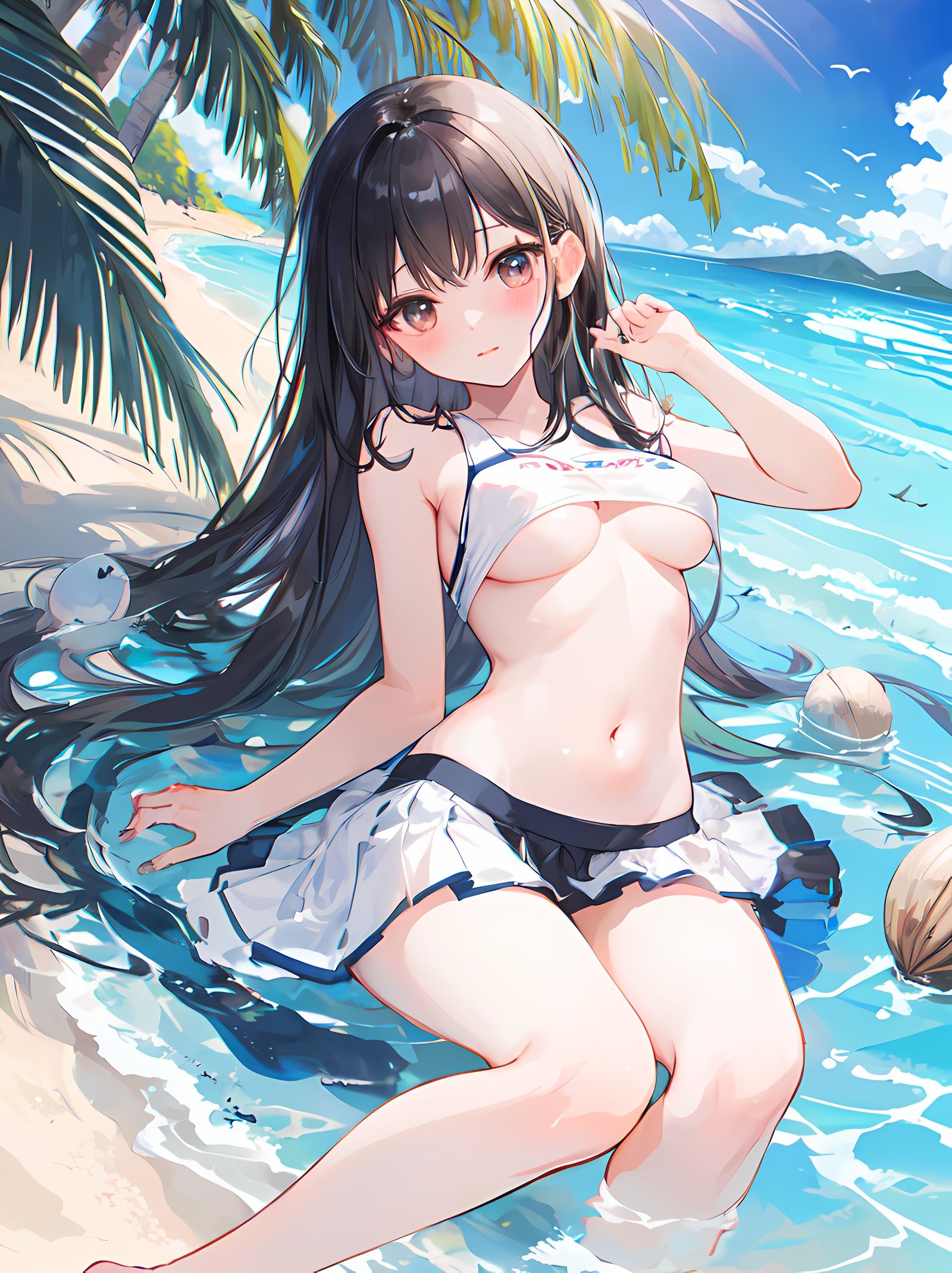 戏水的少女插画图片壁纸