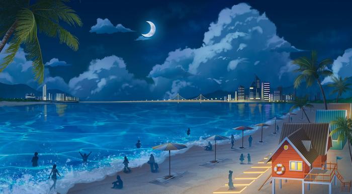 夜晚-海边插画图片壁纸