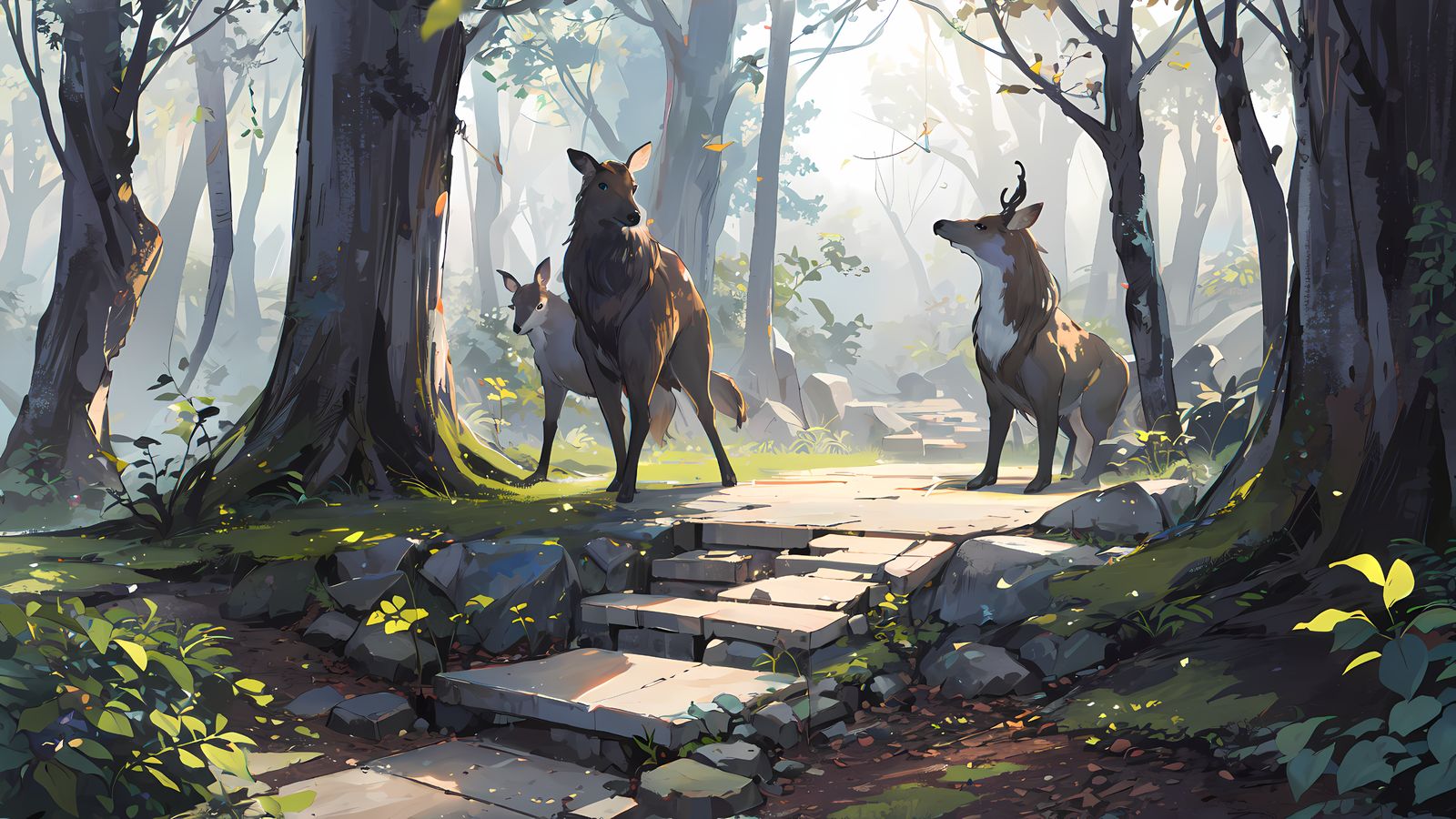 森林中的“迷”鹿插画图片壁纸