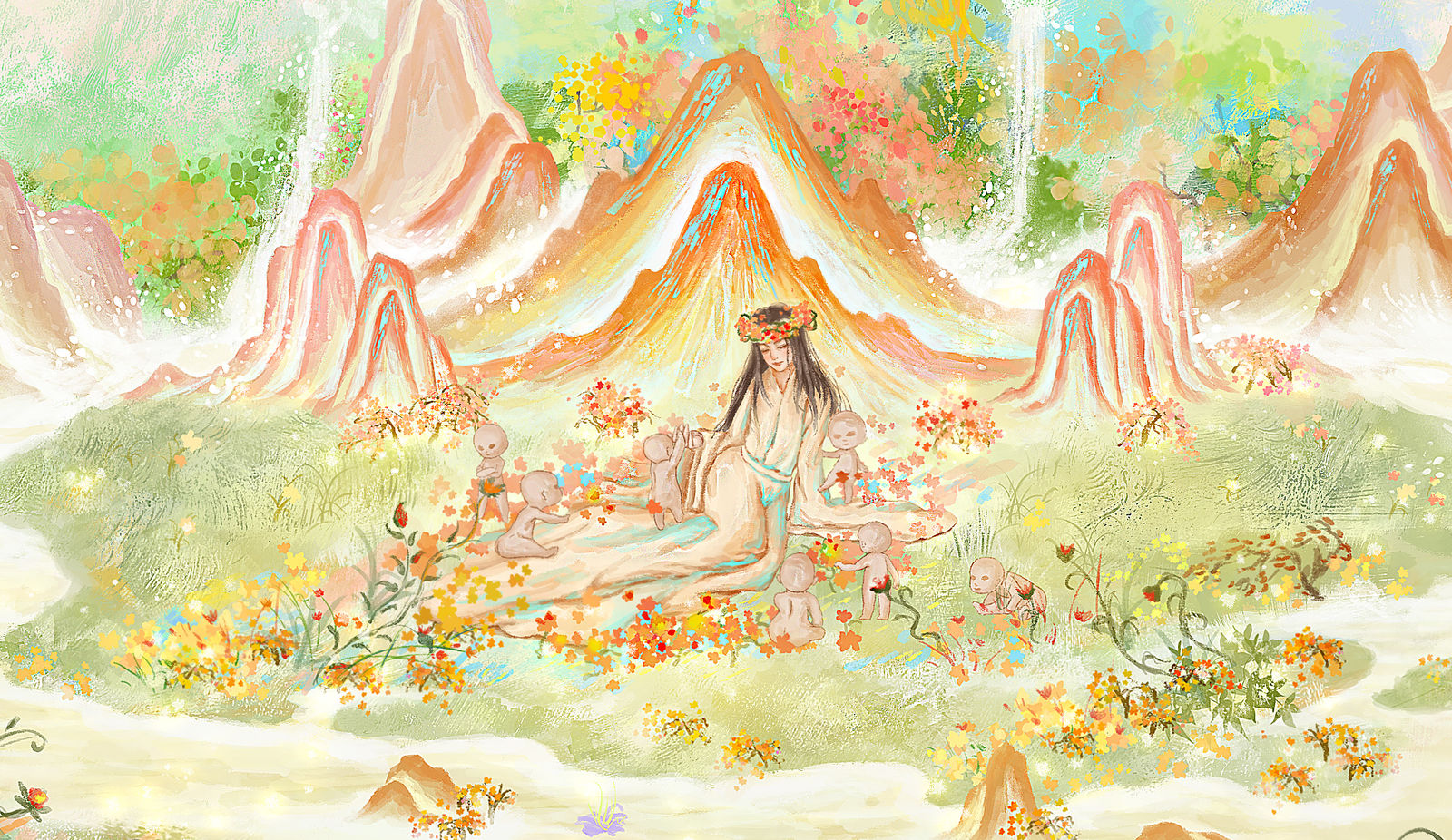 中国神话系列-女娲造人插画图片壁纸