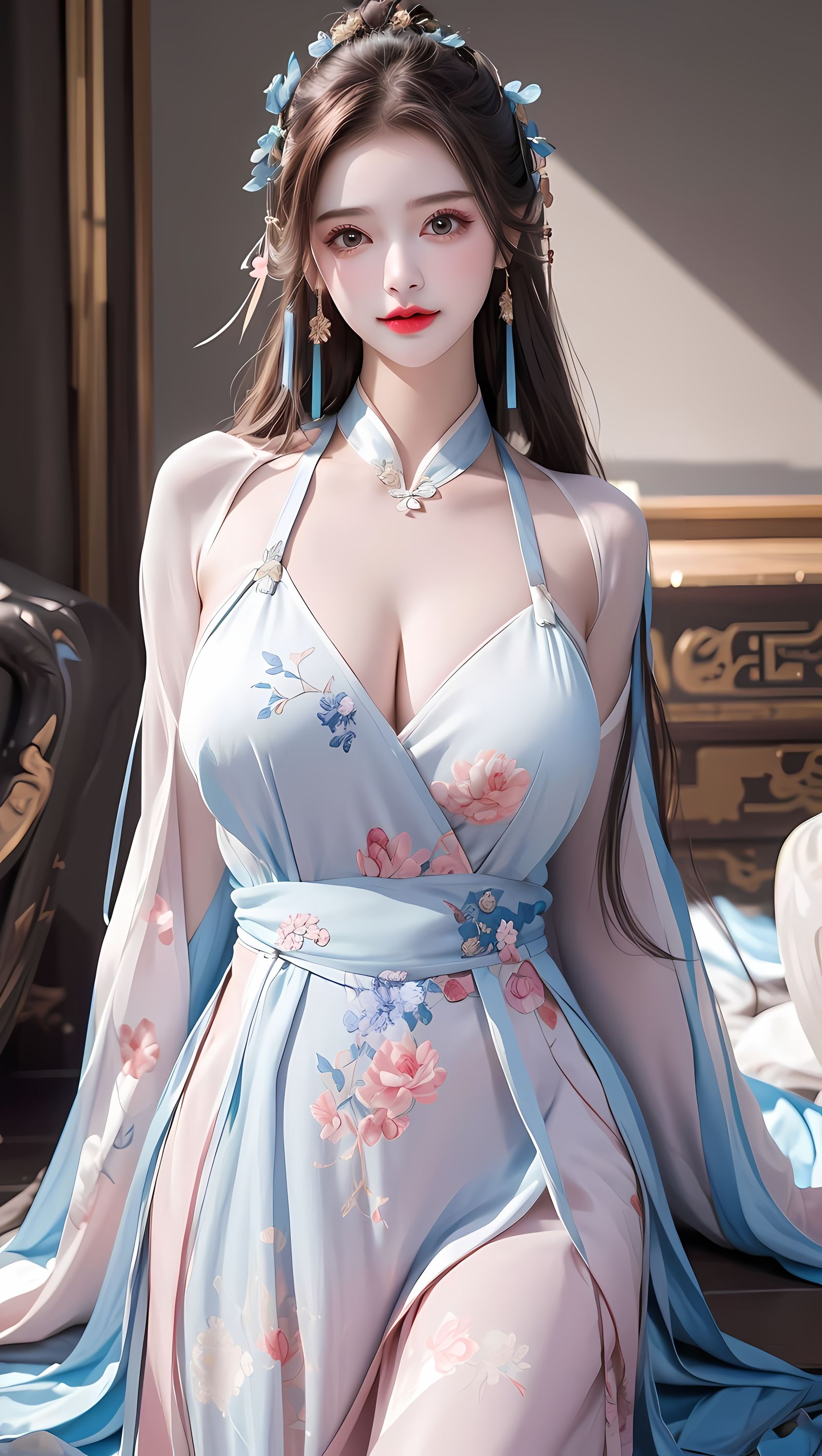 蓝色汉服美女-国风汉服美女