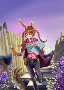 萌兔和披斗篷的少女插画图片壁纸