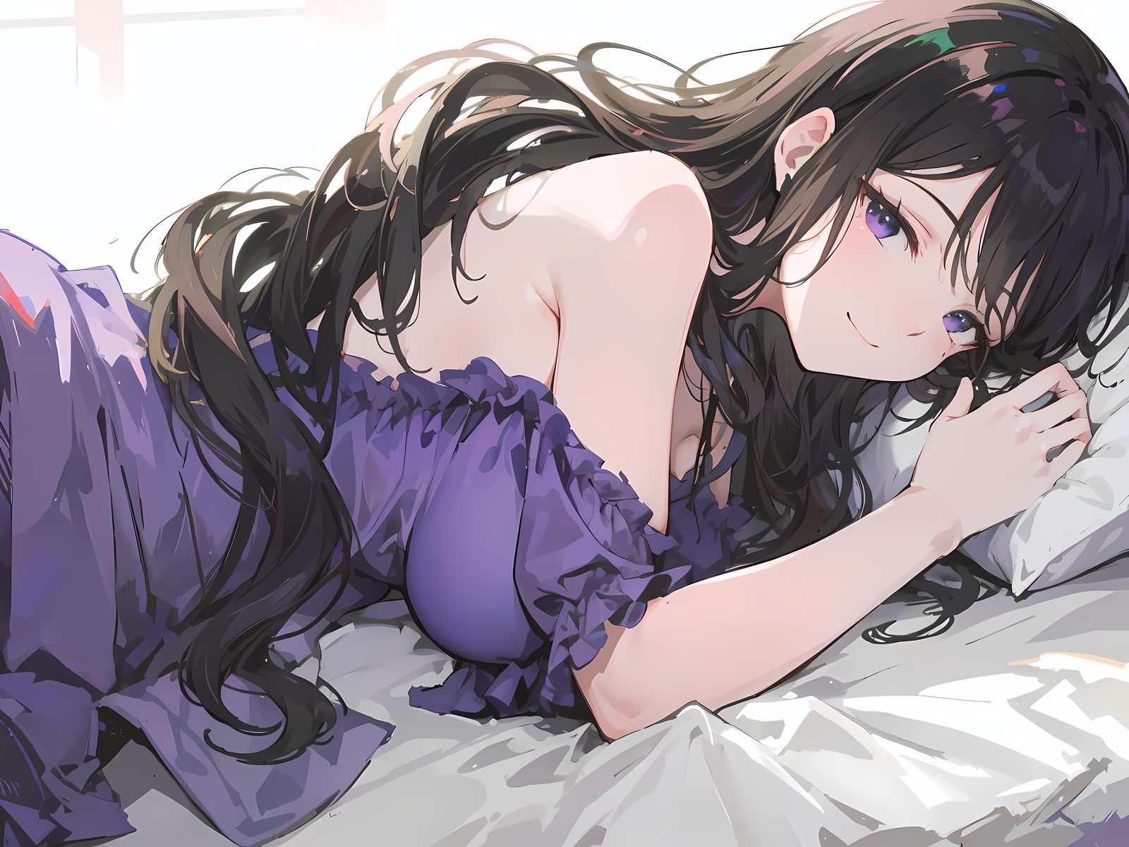 躺在你身边的紫色睡裙大姐姐插画图片壁纸