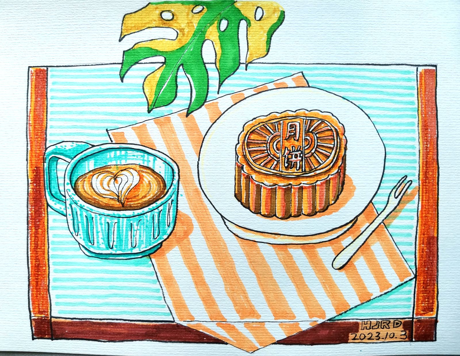 马克笔画《咖啡与月饼》插画图片壁纸