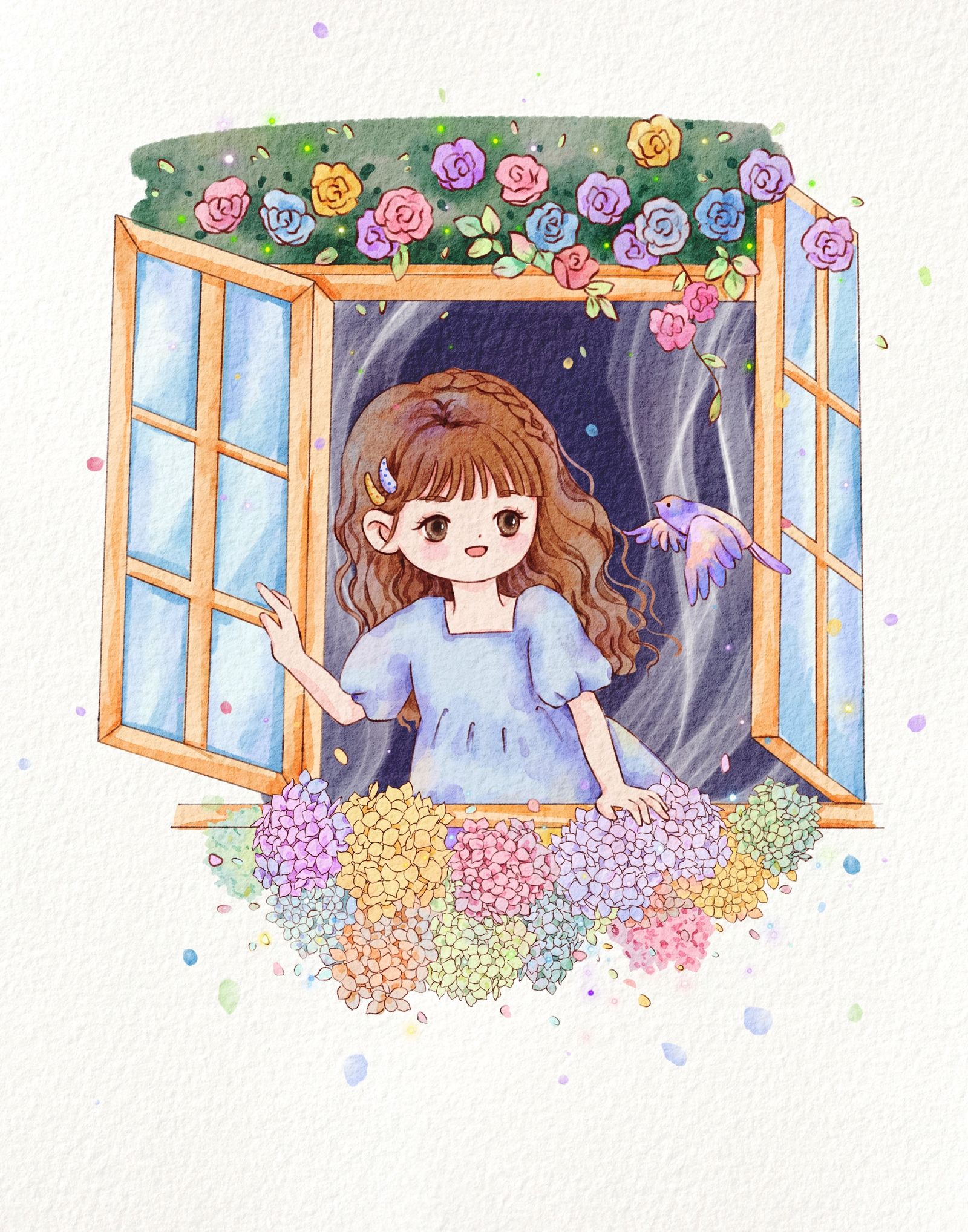 Q版少女 开满花花的窗口插画图片壁纸