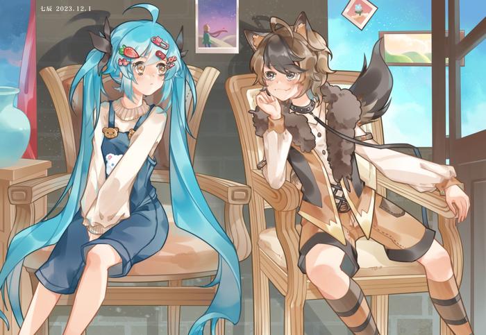 初音fufu和猫猫插画图片壁纸