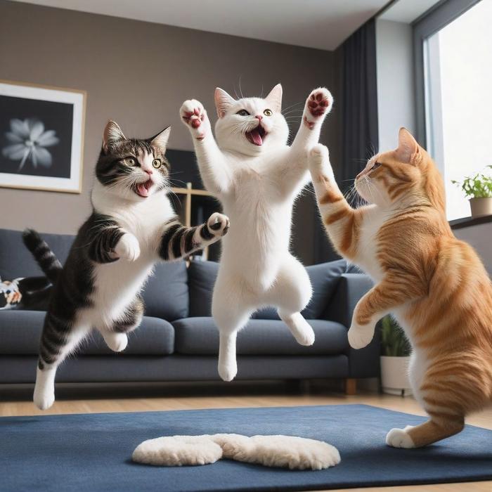 客厅里的三只猫咪插画图片壁纸