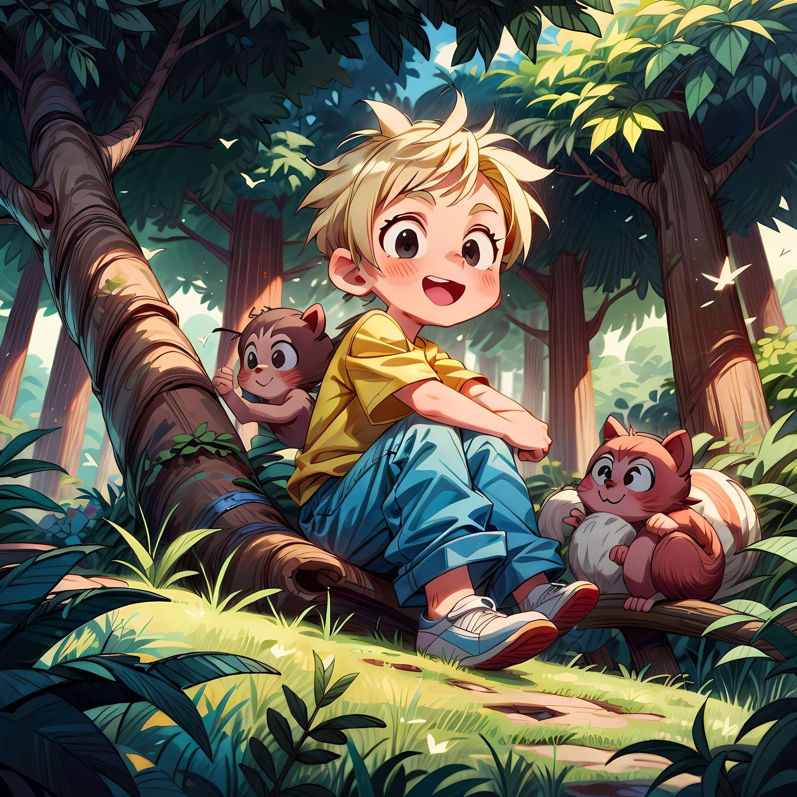 森林里的小男孩插画图片壁纸
